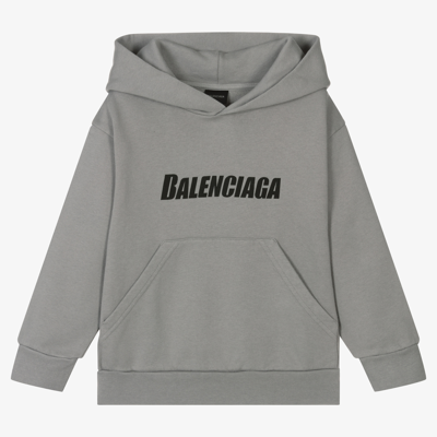 Shop Balenciaga Grey Cotton Caps Logo Hoodie