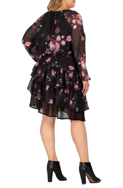 Shop S And P Standards & Practices Floral Print Belted Long Sleeve Chiffon Dress In Black Floral
