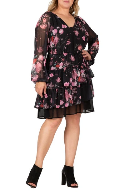 Shop S And P Floral Print Belted Long Sleeve Chiffon Dress In Black Floral