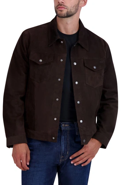 Shop Cole Haan Suede Trucker Jacket In Dark Chocolate