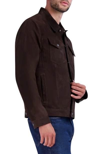 Shop Cole Haan Suede Trucker Jacket In Dark Chocolate