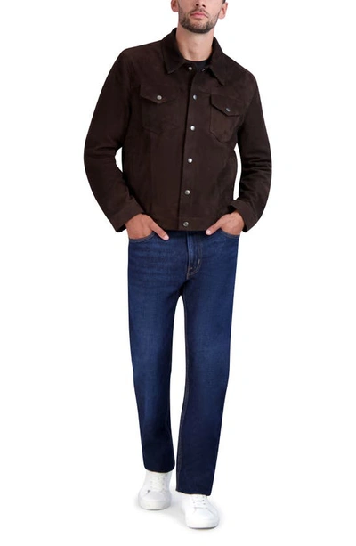 Shop Cole Haan Suede Trucker Jacket In Dark Chocolate