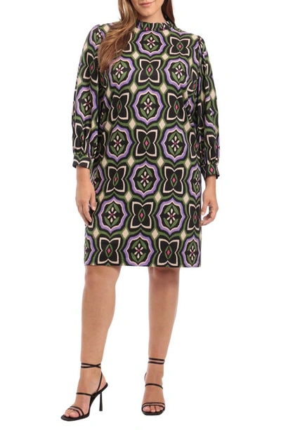 Shop Donna Morgan For Maggy Abstract Print Balloon Sleeve Shift Dress In Black/ Purple Orchid
