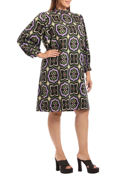 Shop Donna Morgan For Maggy Abstract Print Balloon Sleeve Shift Dress In Black/ Purple Orchid