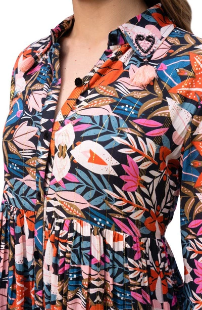 Shop Barok Paris Floral Metallic Long Sleeve Maxi Shirtdress In Teal