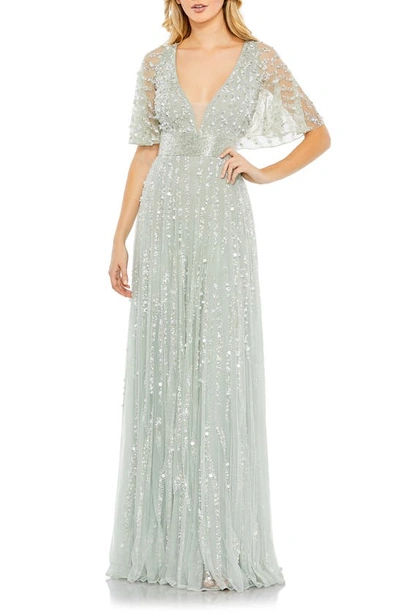 Shop Mac Duggal Embellished Plunge Neck Tulle Column Gown In Mint