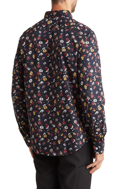 Shop Original Penguin Long Sleeve Floral Print Poplin Dress Shirt In Dark Sapphire