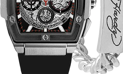 Shop I Touch Ed Hardy 3-piece Jewelry & Square Watch Set In Black