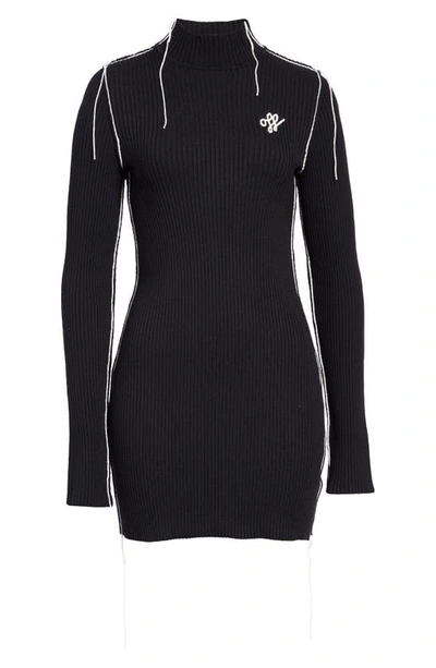 Shop Off-white Outline Embroidered Long Sleeve Wool Blend Rib Minidress In Black White
