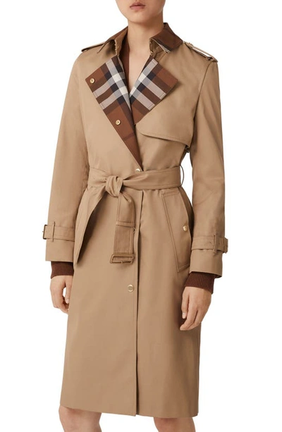 Shop Burberry Sandridge Check Panel Cotton Gabardine Trench Coat In Camel