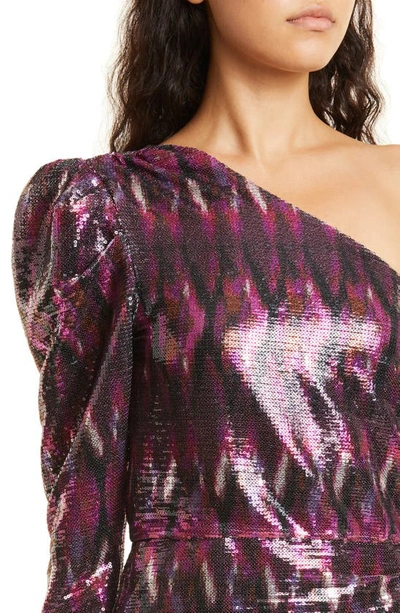 Shop Misa Nova Long Sleeve One-shoulder Minidress In Fuschia Ikat Sequin