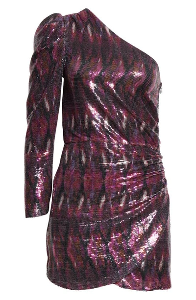 Shop Misa Nova Long Sleeve One-shoulder Minidress In Fuschia Ikat Sequin