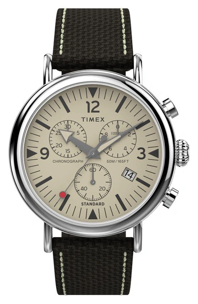 Shop Timex Standard Chronograph Leather Strap Watch, 41mm In Silver/ Cream/ Brown
