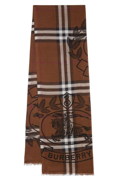 Burberry Equestrian Knight Check Wool & Silk Gauze Fringe Scarf In Brown |  ModeSens
