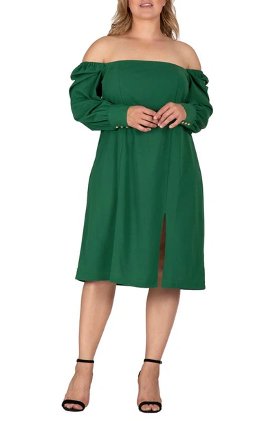 S And P Long Sleeve Off The Shoulder Dress In Green