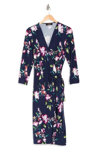 Shop Renee C Floral Print V-neck Jersey Wrap Dress In Navy