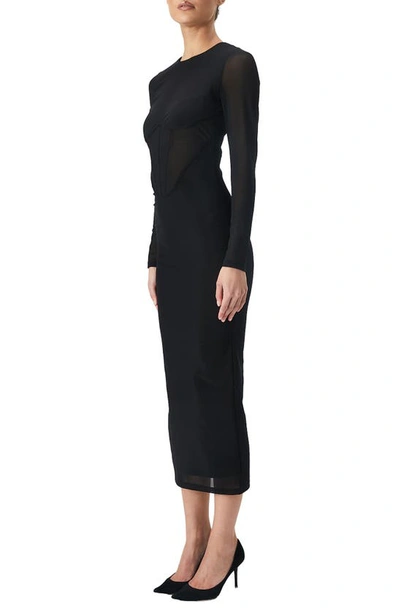 Shop Bardot Sensei Corset Long Sleeve Mesh Cocktail Midi Dress In Black