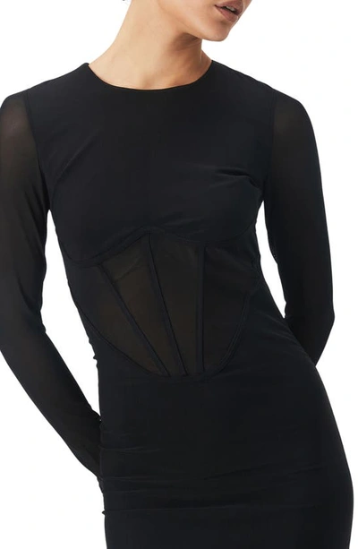 Shop Bardot Sensei Corset Long Sleeve Mesh Cocktail Midi Dress In Black