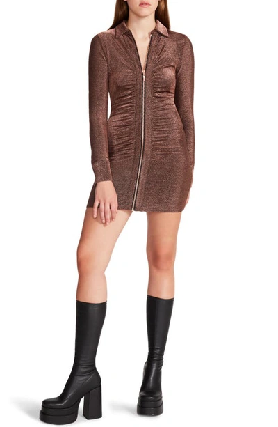 Steve Madden Isabel Metallic Shimmer Long Sleeve Zip Minidress In Copper
