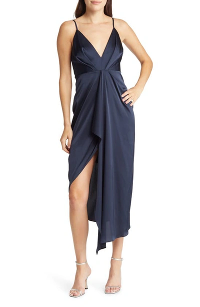 Shop Lulus Caught Feelings V-neck Front Split Satin Dress In Navy Blue