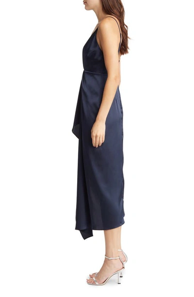 Shop Lulus Caught Feelings V-neck Front Split Satin Dress In Navy Blue