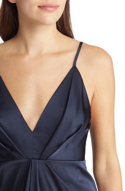 Shop Lulus Caught Feelings V-neck Front Split Satin Dress In Navy Blue