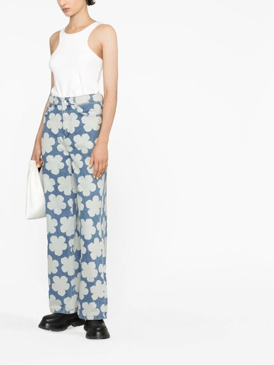 Kenzo Printed Cotton Denim Wide Leg Jeans In Blue | ModeSens