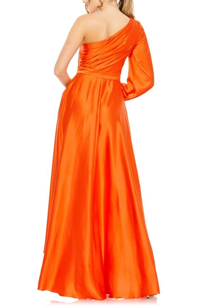 Shop Ieena For Mac Duggal One-shoulder Long Sleeve Satin High/low Gown In Orange