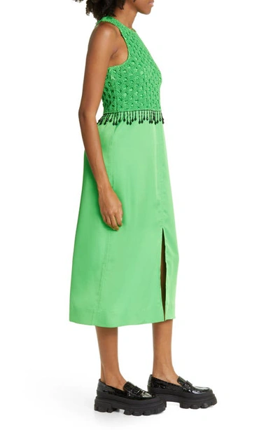 Shop Ganni Bead Tassel Detail Satin Dress In Classic Green