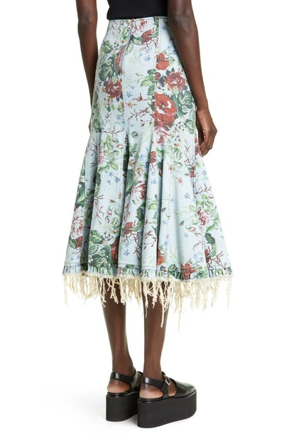 Shop Molly Goddard Floral Print Raw Hem Denim Midi Skirt In Blue Wash