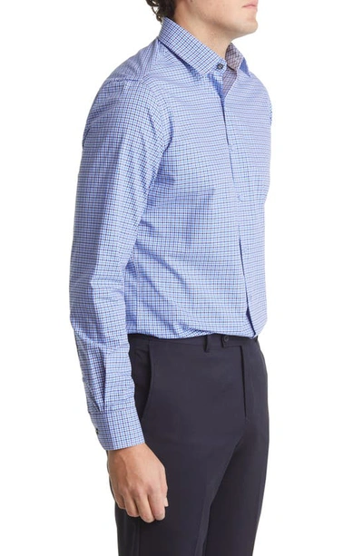 Duchamp Plaid Print Long Sleeve Tailored Fit Dress Shirt In Navy