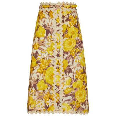 Shop Zimmermann High Tide Printed Linen Midi Skirt, Skirt, Yellow