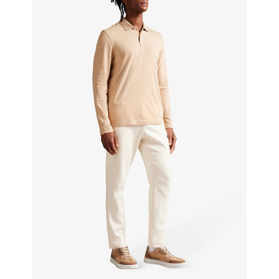 Shop Ted Baker Men's Camel Enio Long-sleeve Cotton And Cashmere-blend Polo Shirt In Cream