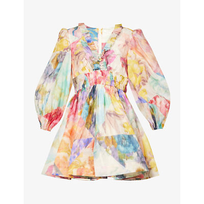 Shop Zimmermann Abstract-print V-neck Linen And Silk-blend Mini Dress In Ikat Patch Floral