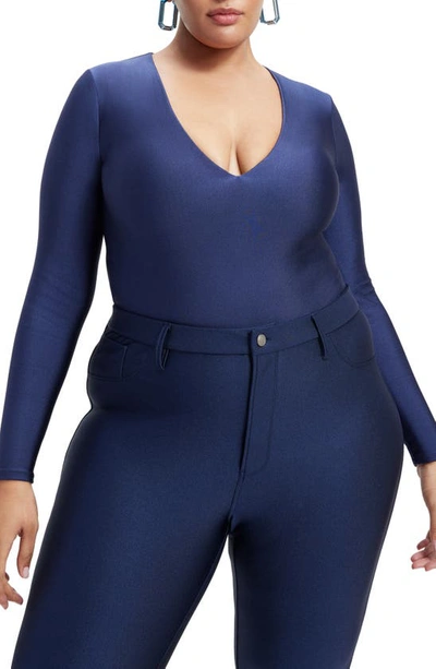 Shop Good American High Shine Compression V-neck Thong Bodysuit In Blue Rinse