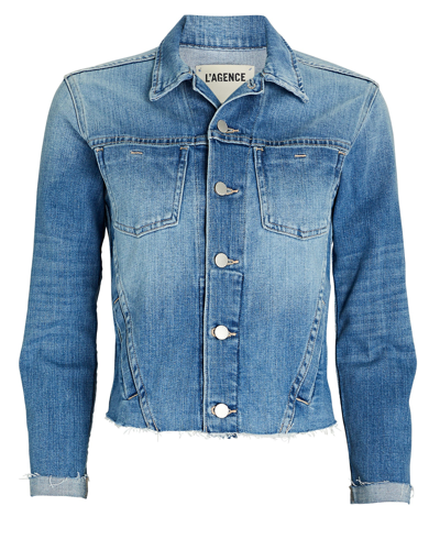 Shop L Agence L'agence Janelle Cropped Denim Jacket In Blue