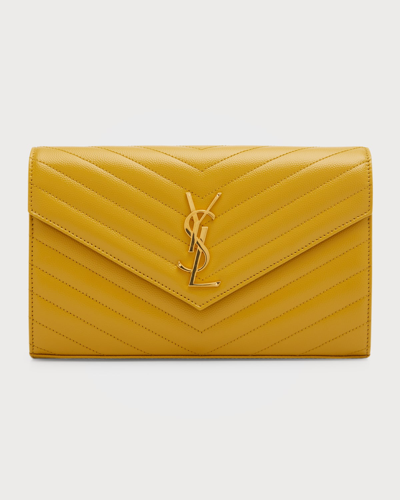 Shop Saint Laurent Monogramme Large Grain De Poudre Wallet On Chain In 7314 Lt Chartreus