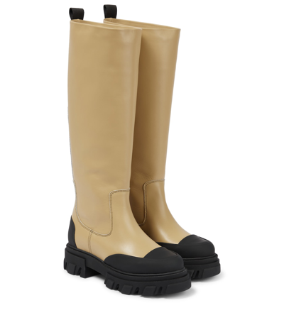 Shop Ganni Knee-high Leather Boots In Sand