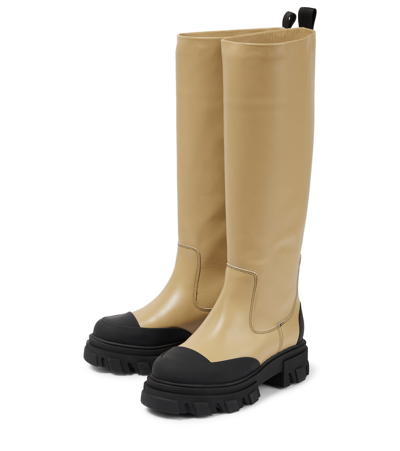 Shop Ganni Knee-high Leather Boots In Sand