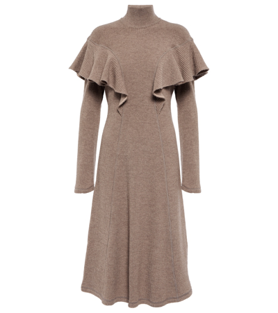 Shop Chloé Ruffle-trimmed Virgin Wool Midi Dress In Beige