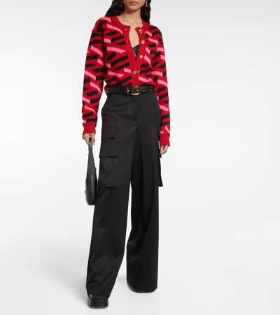 Shop Versace La Greca Wool-blend Cardigan In Parade Red+fuxia