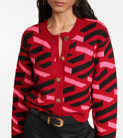 Shop Versace La Greca Wool-blend Cardigan In Parade Red+fuxia