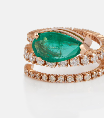 Shop Shay Jewelry Teardrop Spiral 18kt Gold Ring With White Diamonds And Emeralds In Rose Gold/emerald/diamond
