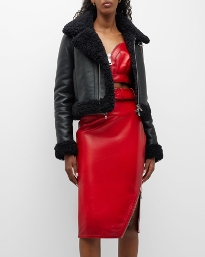 Shop Stand Studio Lorelle Cropped Motorcycle Jacket W/ Faux Shearling In Black Black