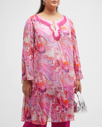 Shop Gabriella Rossetti Valentina Marble-print Embroidered Silk Tunic In Pink