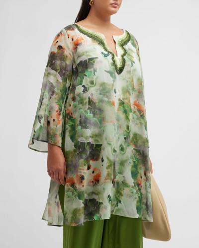 Shop Gabriella Rossetti Valentina Marble-print Embroidered Silk Tunic In Green