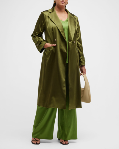 Gabriella Rossetti Caterina Belted Stretch Satin Trench Coat In Leaf Green