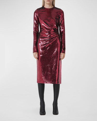 Shop Burberry Sequin-embellished Midi Dress With Gathered Waist In Deep Mulberry