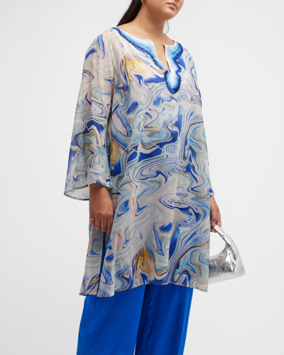 Shop Gabriella Rossetti Valentina Marble-print Embroidered Silk Tunic In Blue
