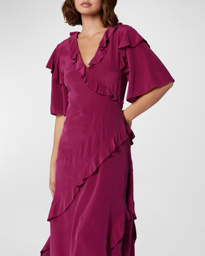 Shop Joie Ambroise Ruffle-trim Silk Midi Dress In Purple Potion